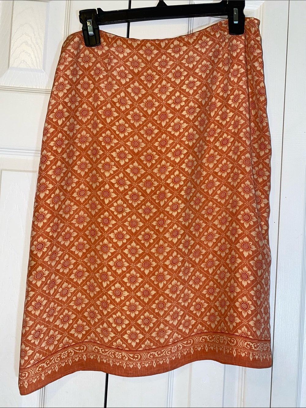 LOFT Orange and Rust Silk Tile-Print Midi Skirt